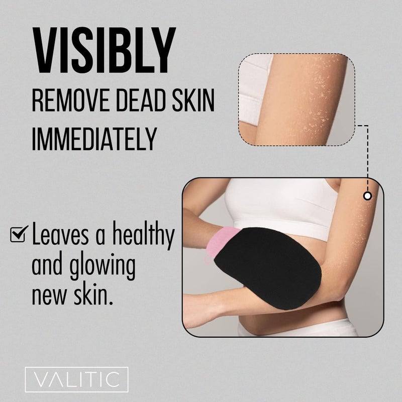 VALITIC Exfoliating Glove Body Scrubber - Exfoliating Mitt Dead Skin Remover, Shower Face and Body Exfoliator - Korean Style Skin Scrubber Washcloth - Spray and Self Tan Remover, 1 Black with Pink - Image 2